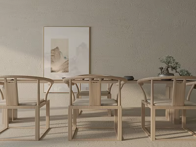 Chinese Style Tea Table And Chairs With Wall Painting And Small Potted Plant 3d model