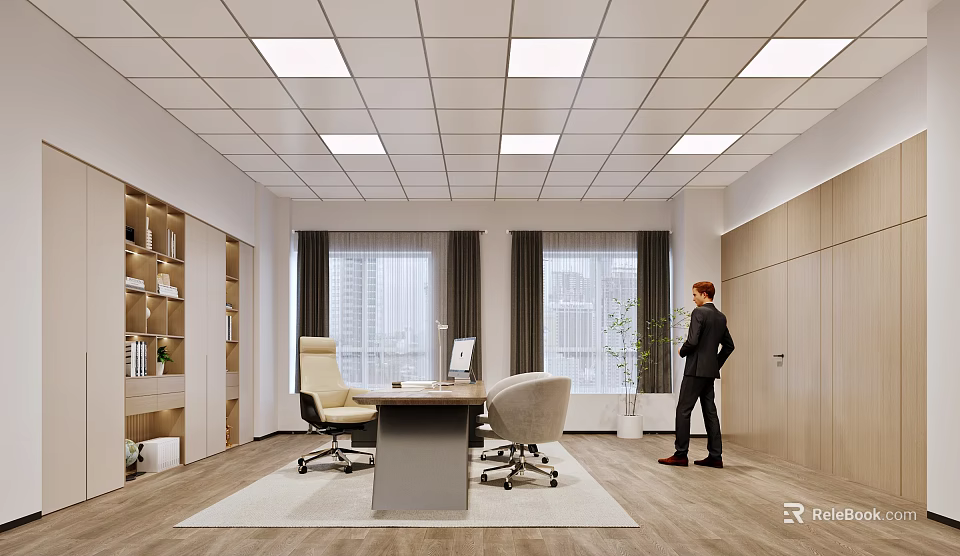 Modern Office Interior With Desk Office Chairs Windows Curtains Bookshelves Ceiling Lights And Wooden Flooring 3d model 