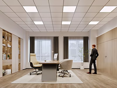 Modern Office Interior With Desk Office Chairs Windows Curtains Bookshelves Ceiling Lights And Wooden Flooring 3d model