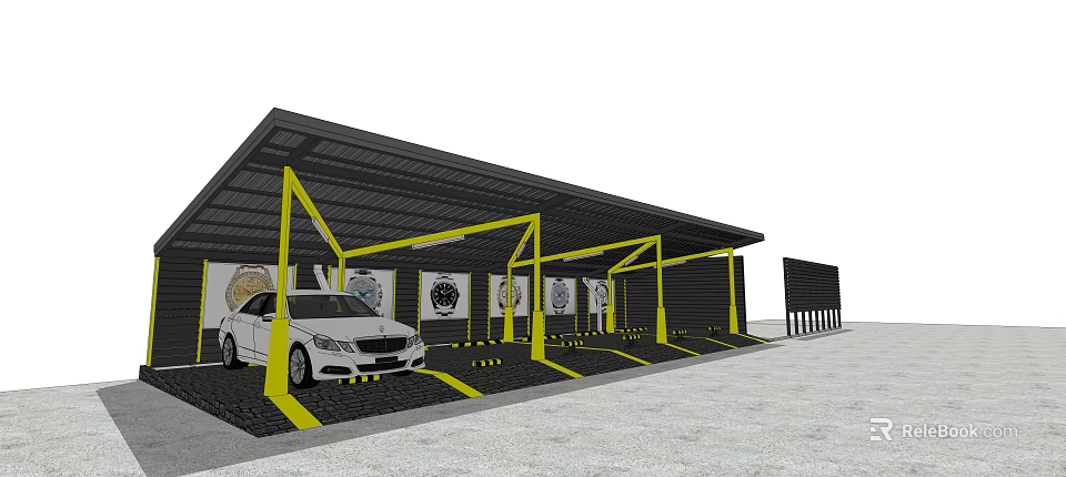 Covered Parking Lot With Black Roof Yellow Pillars White Car And Parking Lines 3d model 