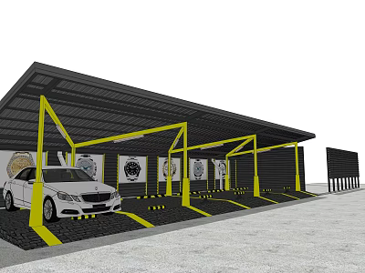 Covered Parking Lot With Black Roof Yellow Pillars White Car And Parking Lines 3d model