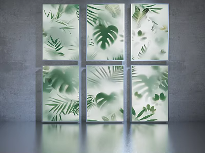 Six Panel Frosted Glass Photo Wall Design With Green Plant Leaf Patterns In Modern Interior 3d model