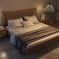 Wooden Double Bed With Wicker Headboard Striped Bedspread And Nightstands With Lamps