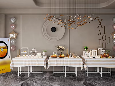 Three Tables With Striped Tablecloths Display Food Tableware Flower Bouquets Near Balloons And Decorative Letters 3d model