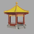 Traditional Chinese Pavilion With Yellow Roof Red Pillars And Carved Details