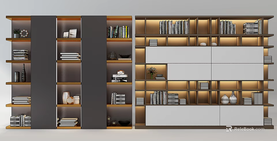 Elegant Modern Bookcase With Layered Shelves Books Decor And Ambient Lighting 3d model 