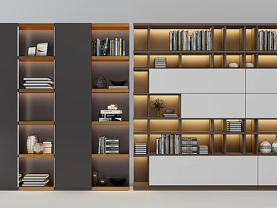 Elegant Modern Bookcase With Layered Shelves Books Decor And Ambient Lighting 3d model