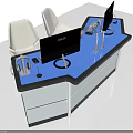 Modern Office Desk With Blue Desktop White Chairs ASUS Monitor And Headphones