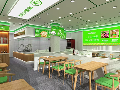 Bright Green Restaurant Interior With Wooden Tables Green Chairs And Menu Boards 3d model