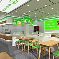 Bright Green Restaurant Interior With Wooden Tables Green Chairs And Menu Boards