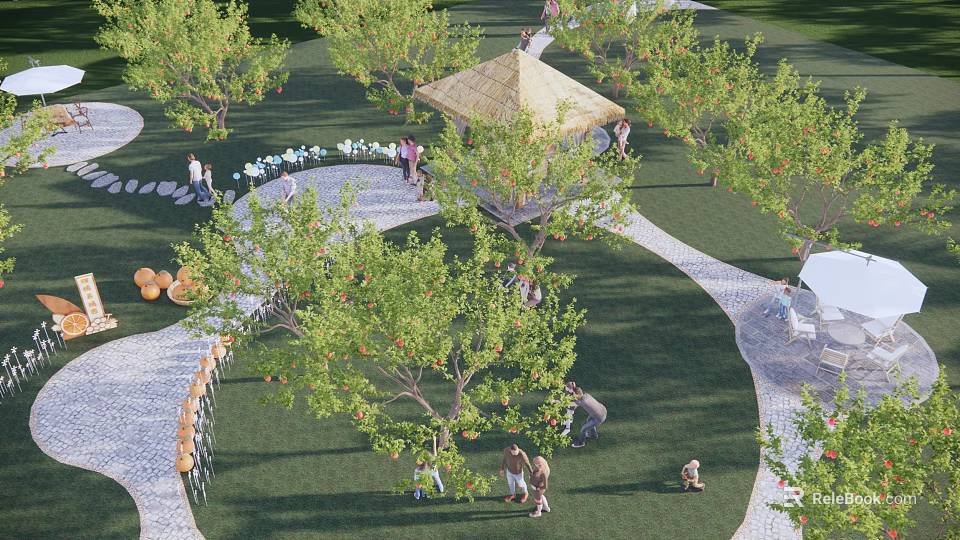 Lush Garden Landscape Featuring Fruit Trees Thatched Pavilion Stone Pathways And People Relaxing 3d model 