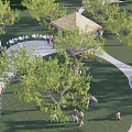 Lush Garden Landscape Featuring Fruit Trees Thatched Pavilion Stone Pathways And People Relaxing
