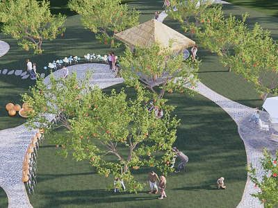 Lush Garden Landscape Featuring Fruit Trees Thatched Pavilion Stone Pathways And People Relaxing 3d model