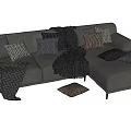 Modern Gray Sectional Sofa With Patterned Pillows And Textured Blankets 3d model