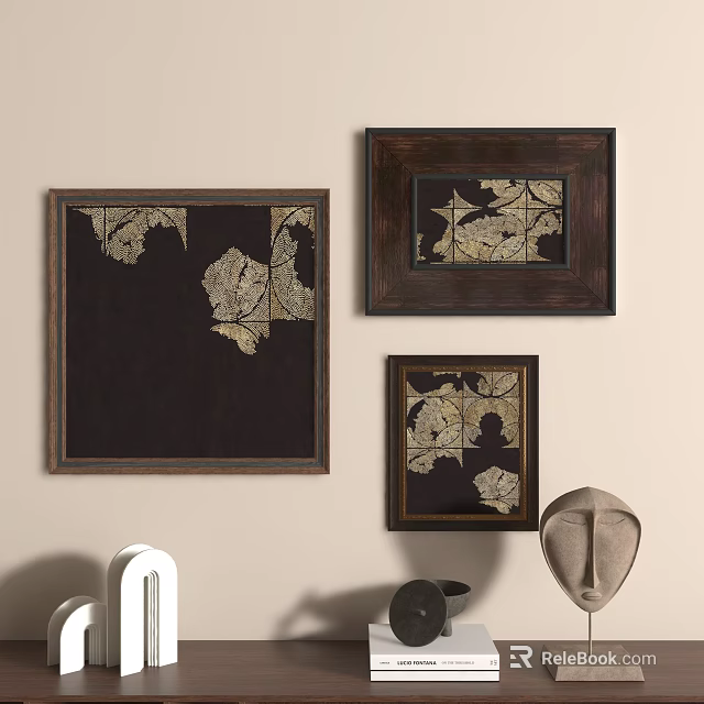 Abstract Paintings In Dark Frames On Beige Wall With Decorative Sculptures And Geometric Objects 3d model