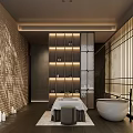 Relaxing Modern SPA Sauna Interior With Massage Bed Striped Screen And Soft Lighting