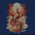 Vibrant Phoenix Themed Wall Decor With Cloud Patterns Flame Like Designs And Deep Blue Background 3d model