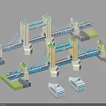 Multiple Tower Bridge Models With Blue Structures And Small Boats Nearby 3d model