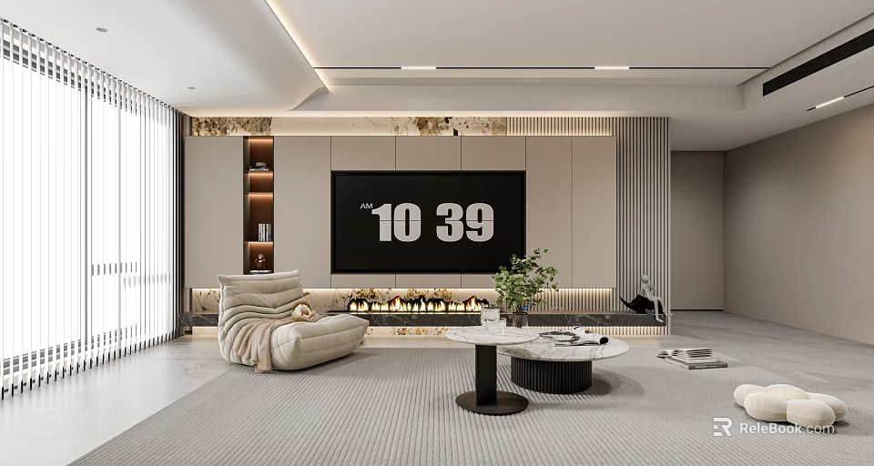 Modern Living Room Interior With Large TV Fireplace Cozy Armchair Coffee Table And Marble Wall 3d model 