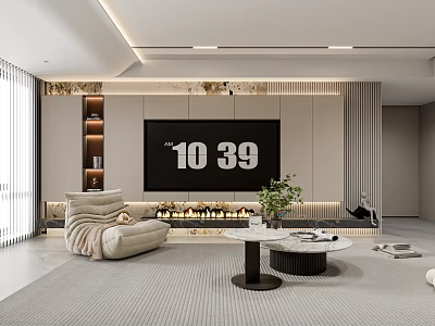 Modern Living Room Interior With Large TV Fireplace Cozy Armchair Coffee Table And Marble Wall 3d model