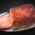 Juicy Roasted Meat Sliced on White Plate with Fresh Rosemary Garnish