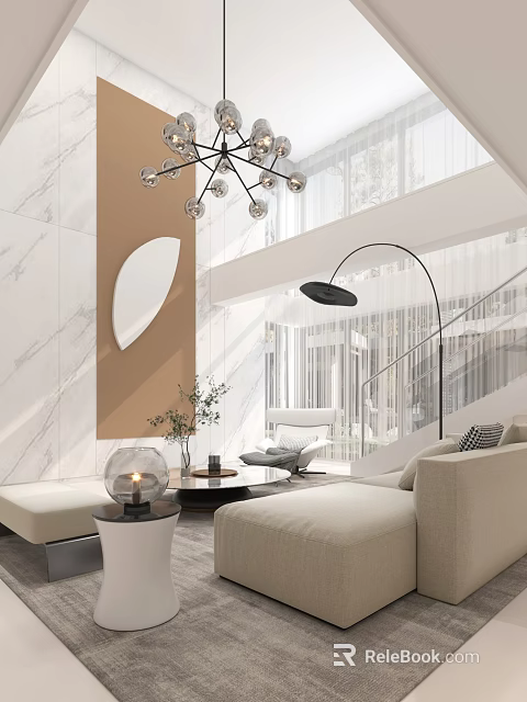 Modern Duplex Living Room Interior Design With Marble Walls Chandelier And Staircase 3d model 