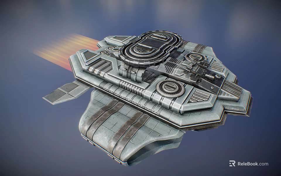 Futuristic Sci Fi Spaceship With Metallic Structure And Thruster Flames 3d model 