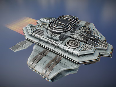 Futuristic Sci Fi Spaceship With Metallic Structure And Thruster Flames 3d model