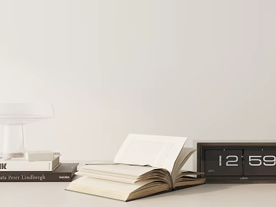 Decorative Ornament Set With Open Book Stacked Books Digital Clock And Glass Decor 3d model