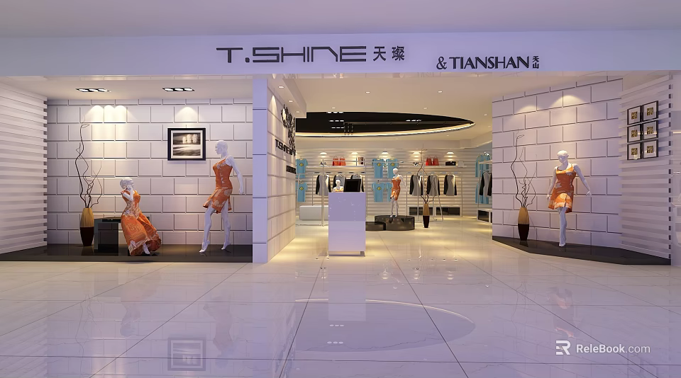 T Shine Tian Shan Clothing Store Interior With Mannequins And Clothing Displays 3d model 