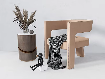 Modern Beige Leisure Chair With Black White Checkered Blanket And Wooden Side Table Decor 3d model