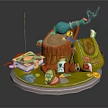 Fantasy Magic Props Display with Tree Stump Blue Smoke Bottle Backpack Book and Decorations