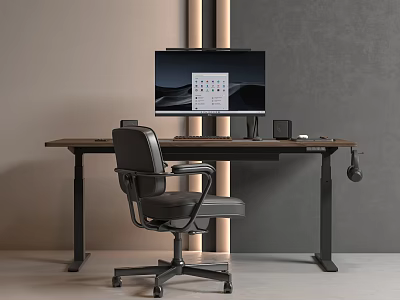 Modern Office Desk With Wooden Top Metal Legs Black Chair And Computer Monitor 3d model
