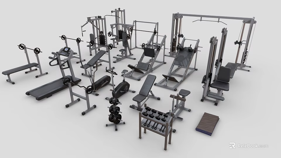 Diverse Sports Equipment Collection Featuring Weight Machines Dumbbells Treadmills And Exercise Benches 3d model 