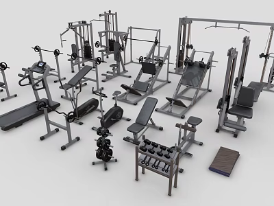 Diverse Sports Equipment Collection Featuring Weight Machines Dumbbells Treadmills And Exercise Benches 3d model