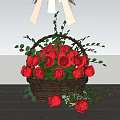 Fresh Red Roses In Decorative Wicker Basket With Green Leaves On Wooden Table Black Background
