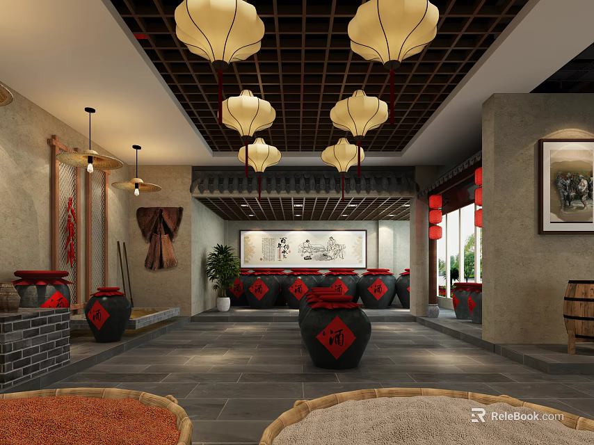 Traditional Chinese Restaurant Interior With Hanging Lanterns Earthen Jars And Wooden Ceiling 3d model 