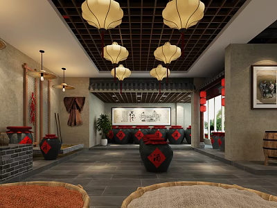 Traditional Chinese Restaurant Interior With Hanging Lanterns Earthen Jars And Wooden Ceiling 3d model