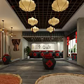 Traditional Chinese Restaurant Interior With Hanging Lanterns Earthen Jars And Wooden Ceiling