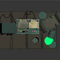 Vintage Electronic Equipment Setup With Multiple Monitors Control Console Reclining Chair And Green Glowing Pipe