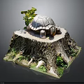 Realistic Turtle Statue On Tree Stump Base With Green Plants And Roots 3d model