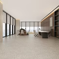 Elegant Modern Office Open Space With Sofas Round Coffee Tables Large Windows And Wooden Bookshelves