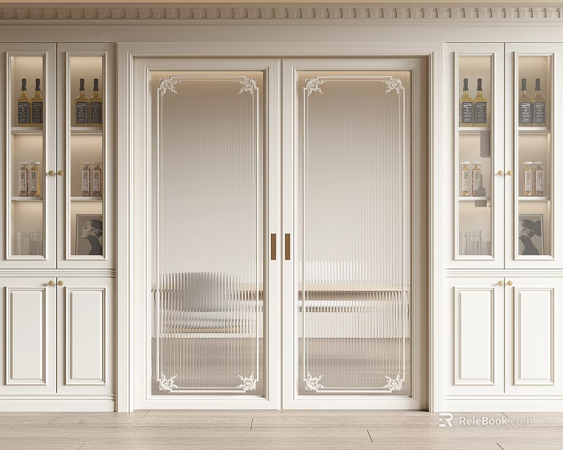 Modern White Frame Sliding Doors With Decorative Glass Panels And Side Storage Cabinets In Interior Space 3d model 