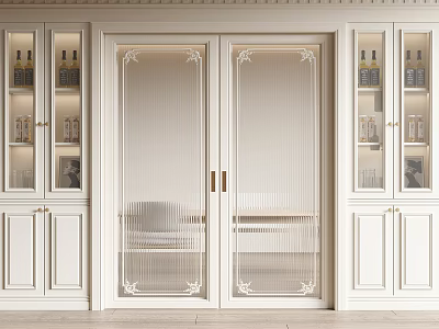 Modern White Frame Sliding Doors With Decorative Glass Panels And Side Storage Cabinets In Interior Space 3d model