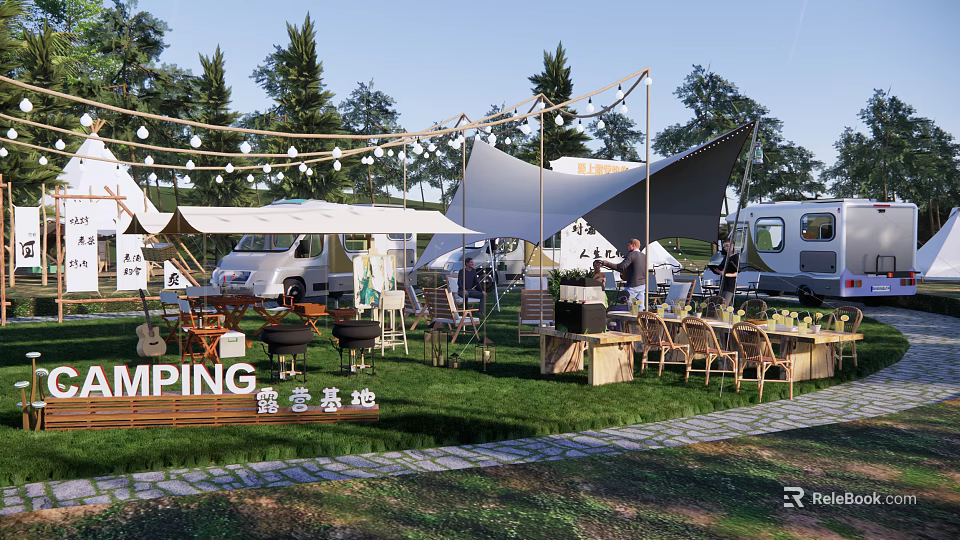 Scenic Camping Site With Tents RVs Outdoor Seating String Lights And Green Grass 3d model 