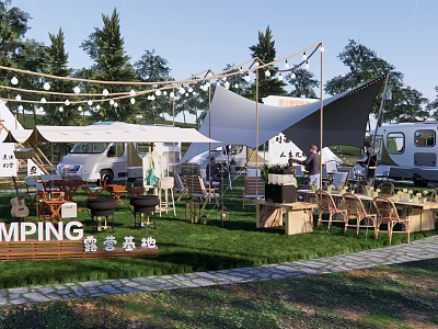 Scenic Camping Site With Tents RVs Outdoor Seating String Lights And Green Grass 3d model