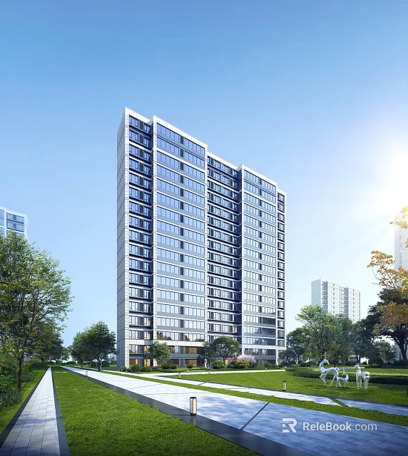 Modern High Rise Residential Building With Glass Windows And Surrounding Greenery Trees 3d model 