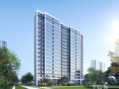 Modern High Rise Residential Building With Glass Windows And Surrounding Greenery Trees 3d model