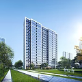Modern High Rise Residential Building With Glass Windows And Surrounding Greenery Trees