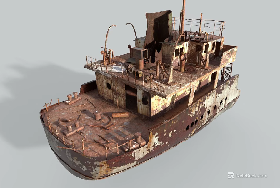Rusted Abandoned Ship Structure With Weathered Deck And Metal Railings 3d model 